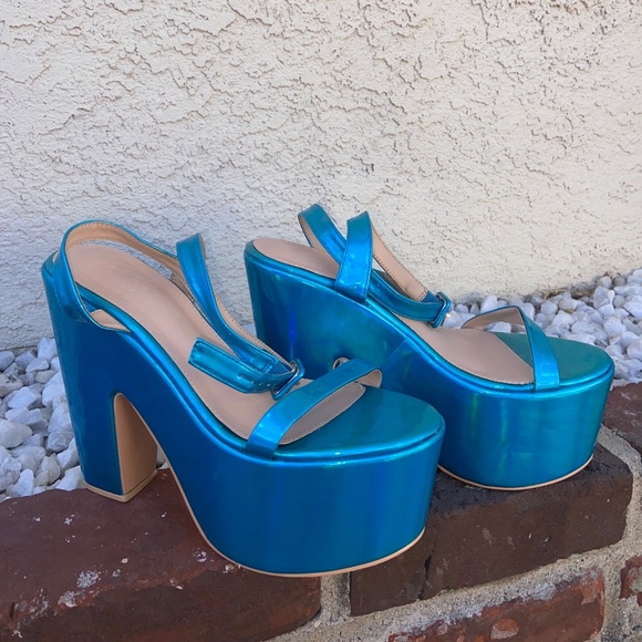 C DANCER IRIDESCENT BLUE PLATFORMS UNICORN RAINBOW MERMAID HEELS STRAPPY PLEASER - Picture 3 of 12
